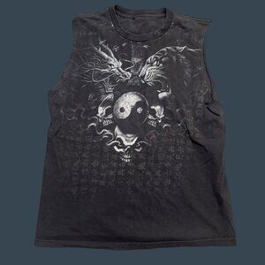Black Sleeveless Dragon & Tiger Yin Yang Graphic Tank Top